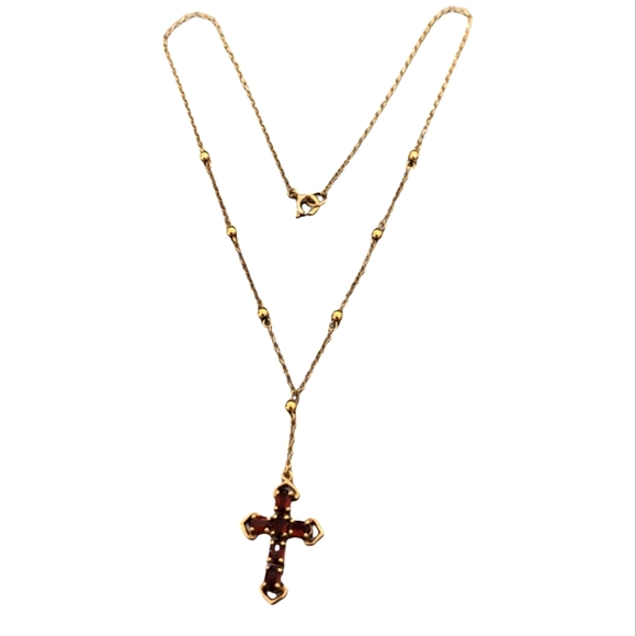 Elegant Garnet Glass Cross Necklace 14K Gold Over Silver 925 - Picture 13 of 13